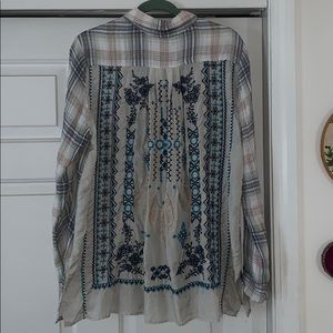 Johnny Was Plaid Embroidered Button Tunic Shirt
